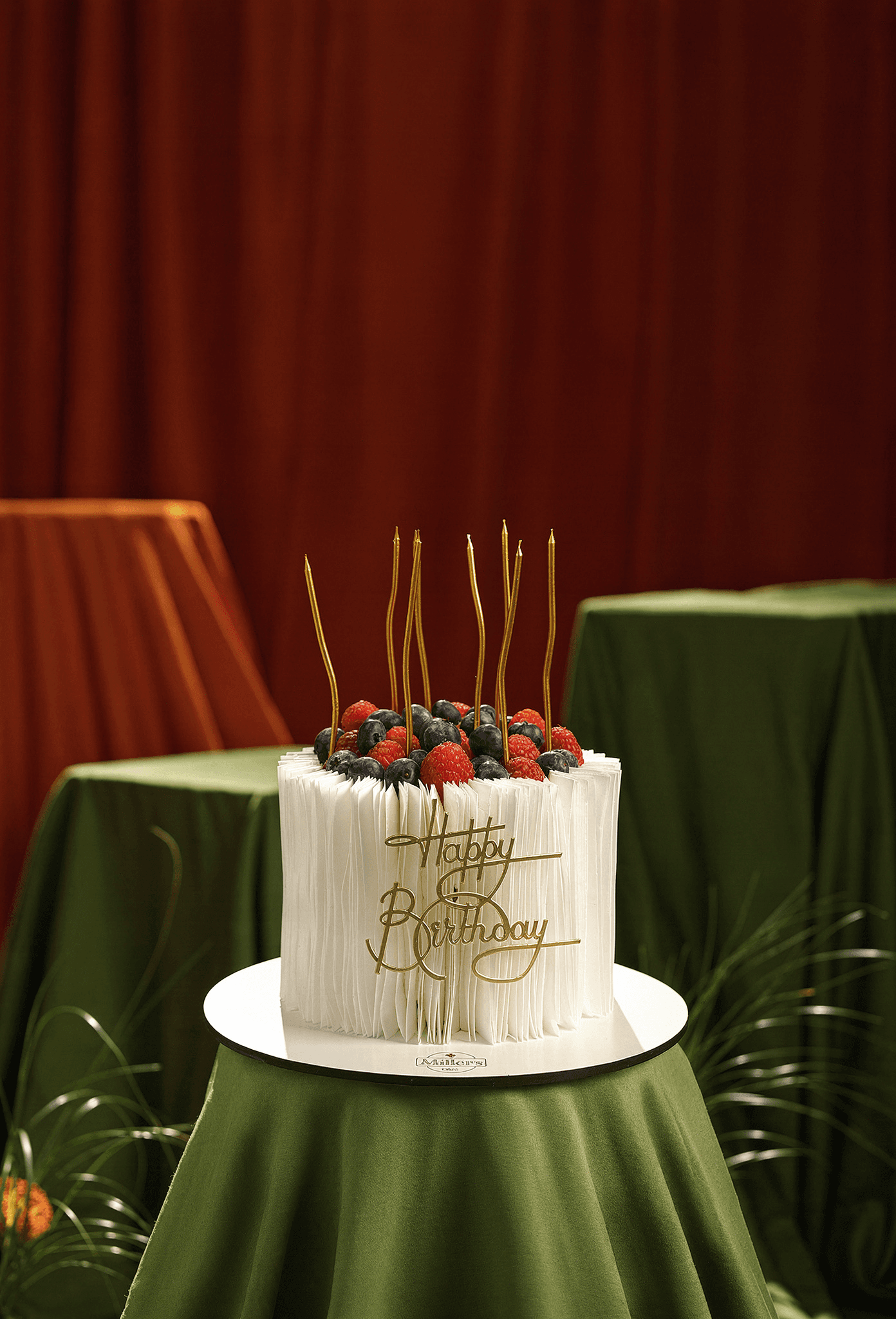 Elegant Berry Ruffle Cake with Gold Details